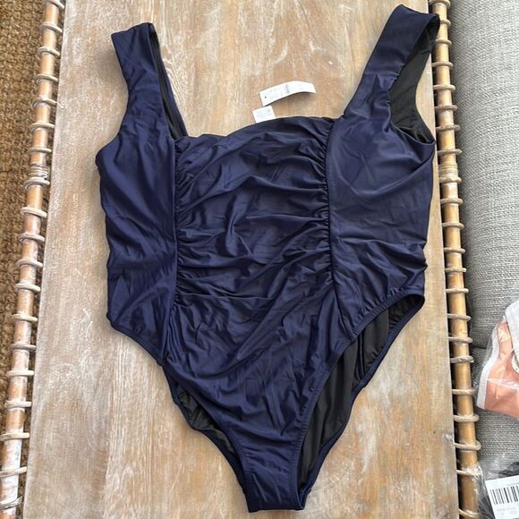 J Crew Swimsuit Size 24 Ruched Squareneck‎ One Piece Navy Blue - Picture 2 of 7